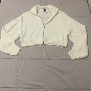 White Cropped Zip Up Sweater
